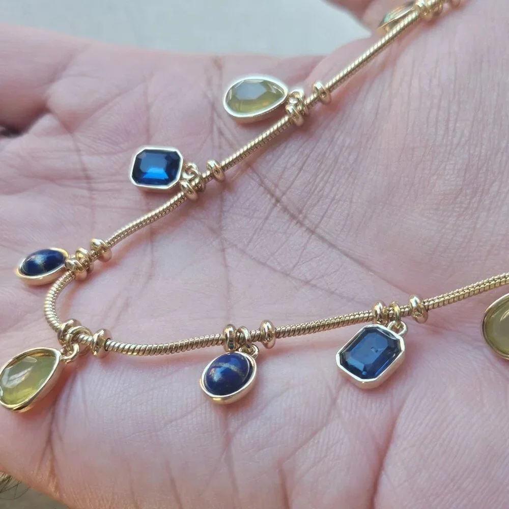 Nordstrom Women Necklace Gold Tone Blue and Yellow Tone Faux Stone Fashion New